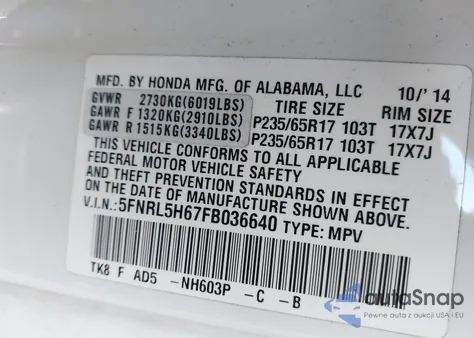 2015 Honda Odyssey Ex-L из США, поврежденный, VIN 5FNRL5H67FB036640